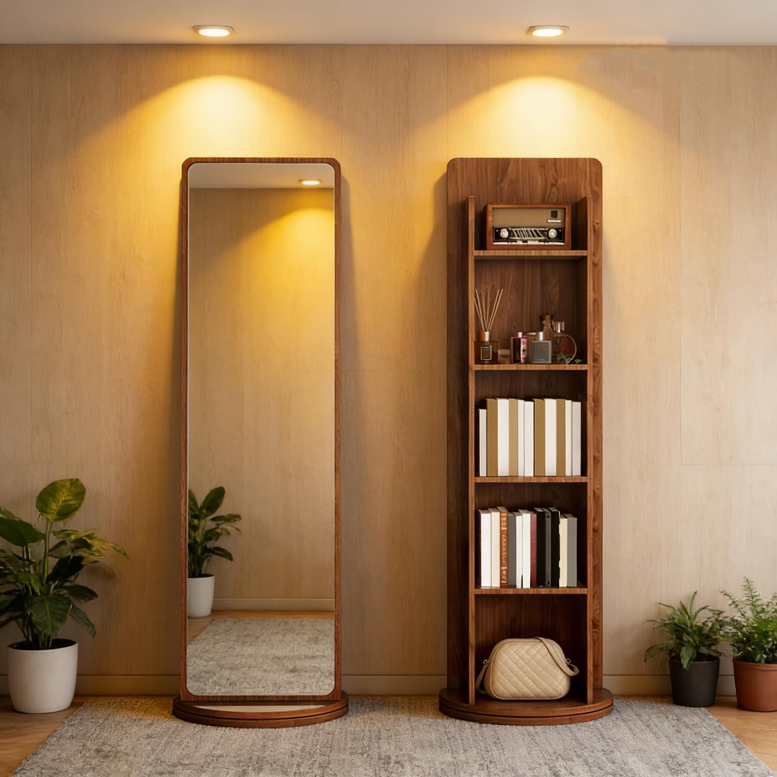 360° Rotating Full Length Mirror with Storage, 5-Tier Floor Stabding Bookcase with Full Body Mirrors, Swivel Dressing Mirror and Magazine Rack for Living Room, 168 x 40cm