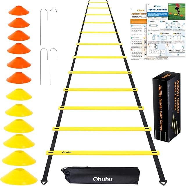 Ohuhu Agility Ladder Training Set - 12 Rung Speed Ladder with 12 Field Cones and 4 Stakes, Footwork Equipment for Soccer Football Drills (Ladder Set With Tutorial)