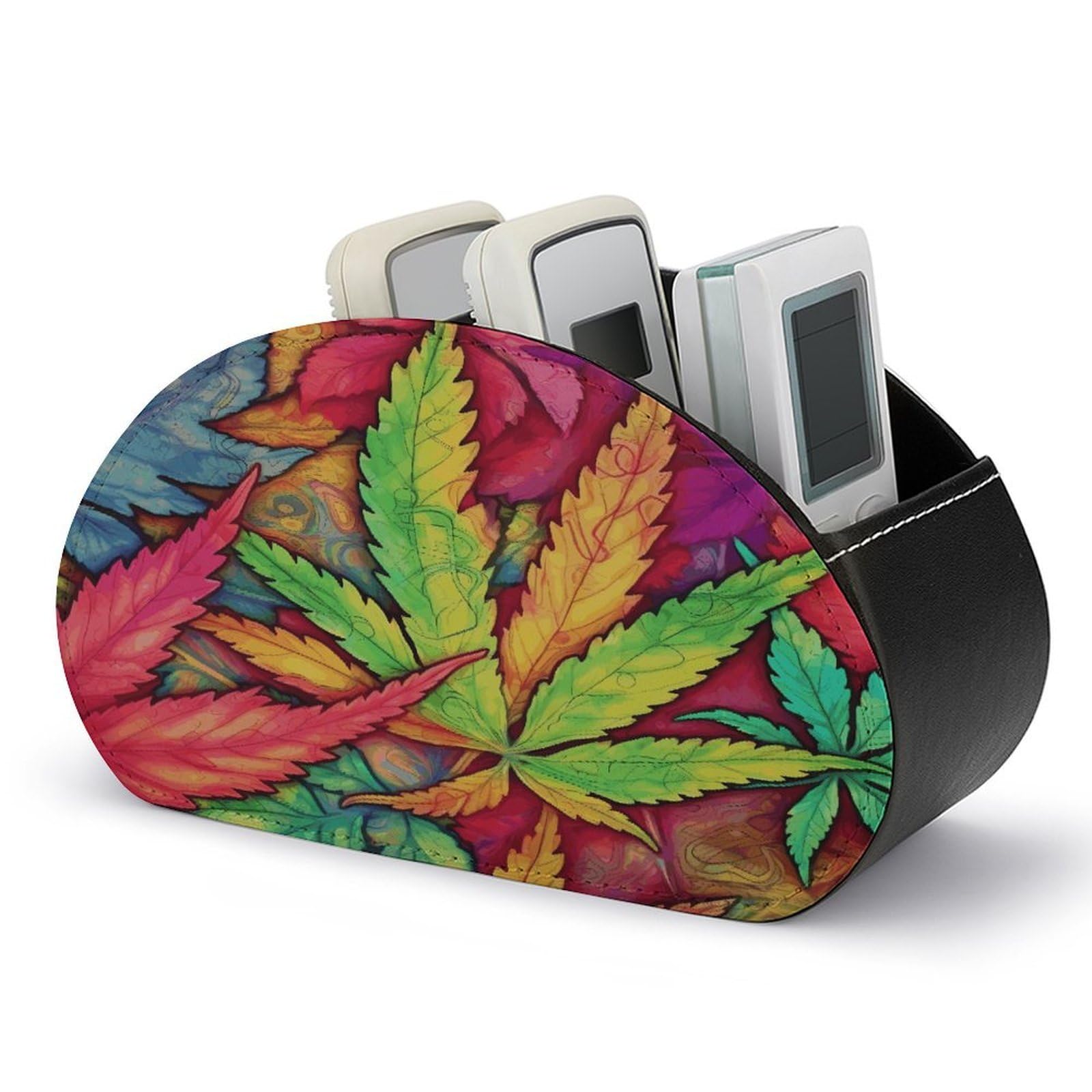 VstaDank MultiColor Leaf Weed Art Remote Control Holder with 5 Compartments PU Leather Remote Caddy Desktop Organizer Store TV Remote Control Storage Box for Home Office Desk Nightstand