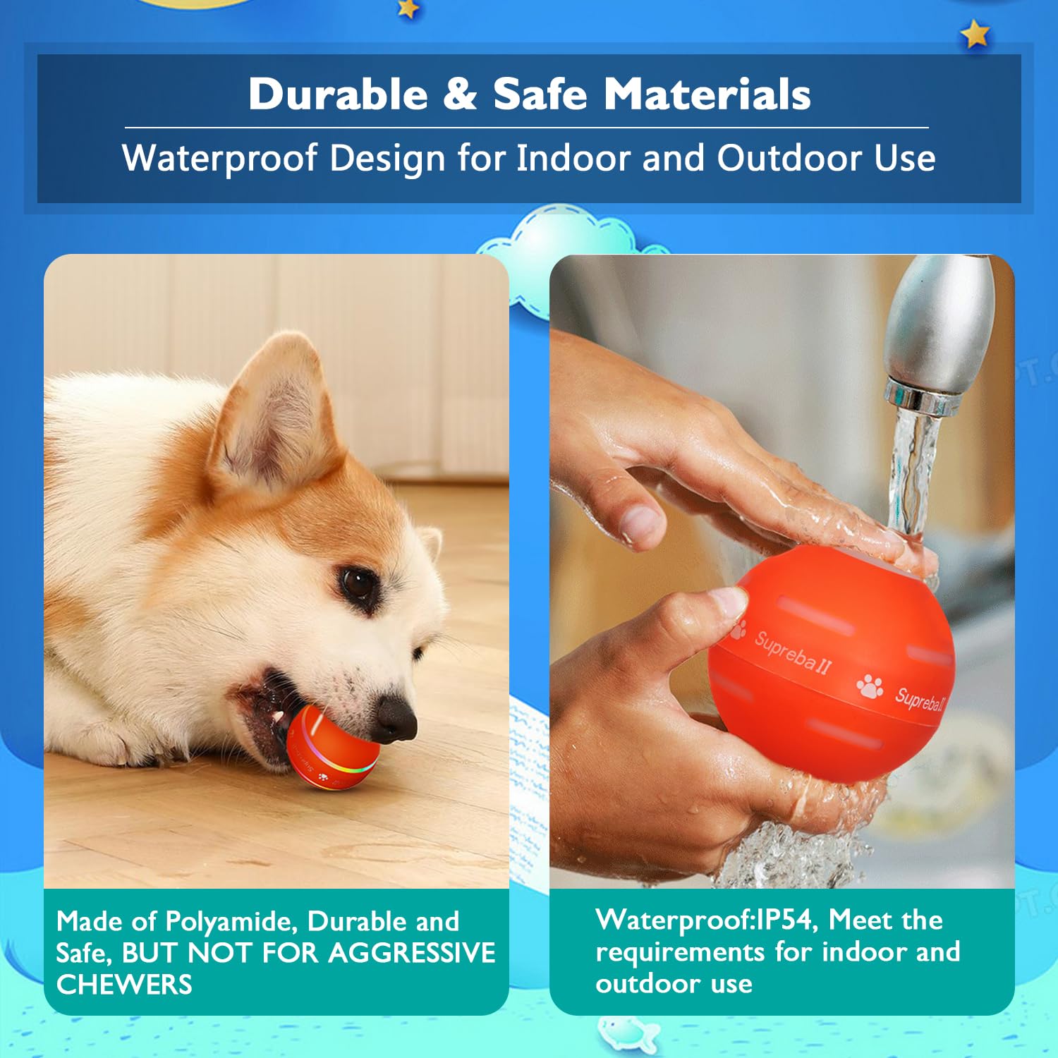 Petiepaw Jouet balle interactive pour chien, robuste, à roulement automatique, pour chiots, petits, moyens chiens, rechargeable par USB (Orange)