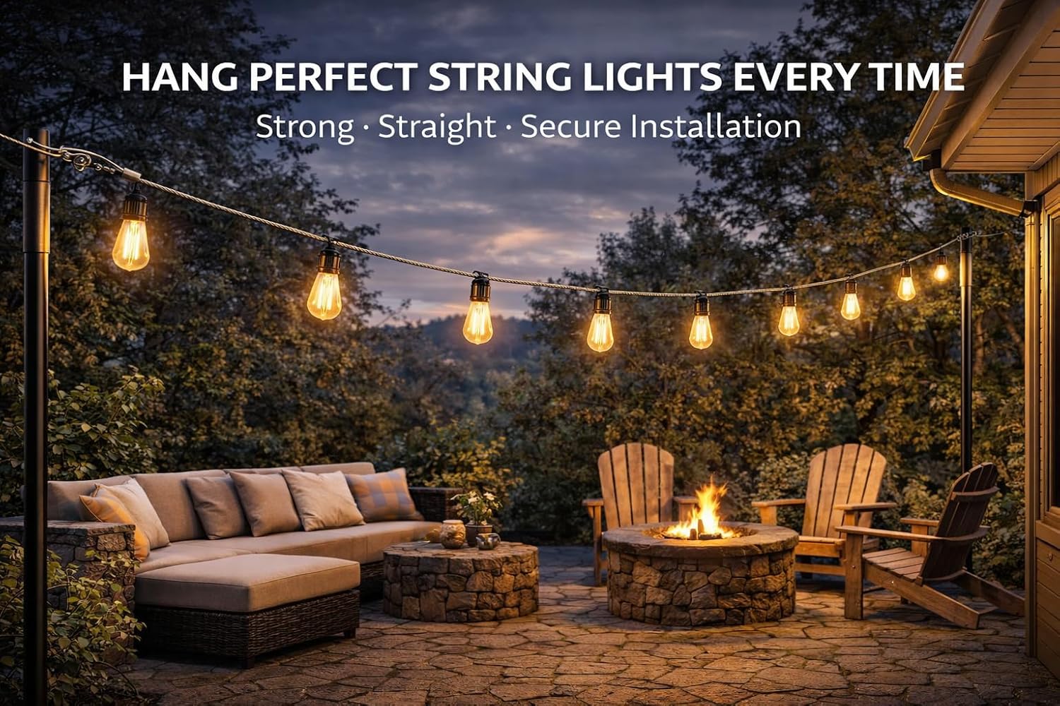 Simple Living Solutions String Light Outdoor Patio Canopy Lighting Kit, 200ft Cable Wire Kit with Wire Connectors, Stakes and Carabiners
