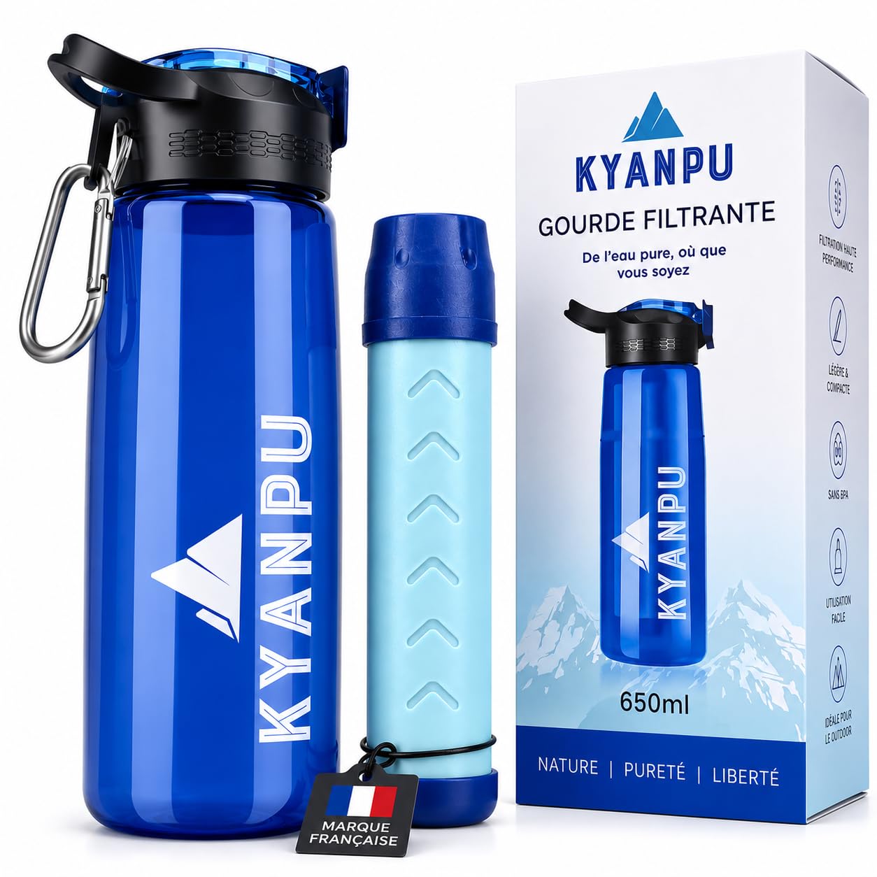 Gourde Filtrante 650ml MEMBRANE 0,01 MICRON - Filtre Charbon Actif - Boussole Intégrée Bouchon 360° Anti-Fuite Randonnée Camping Survie
