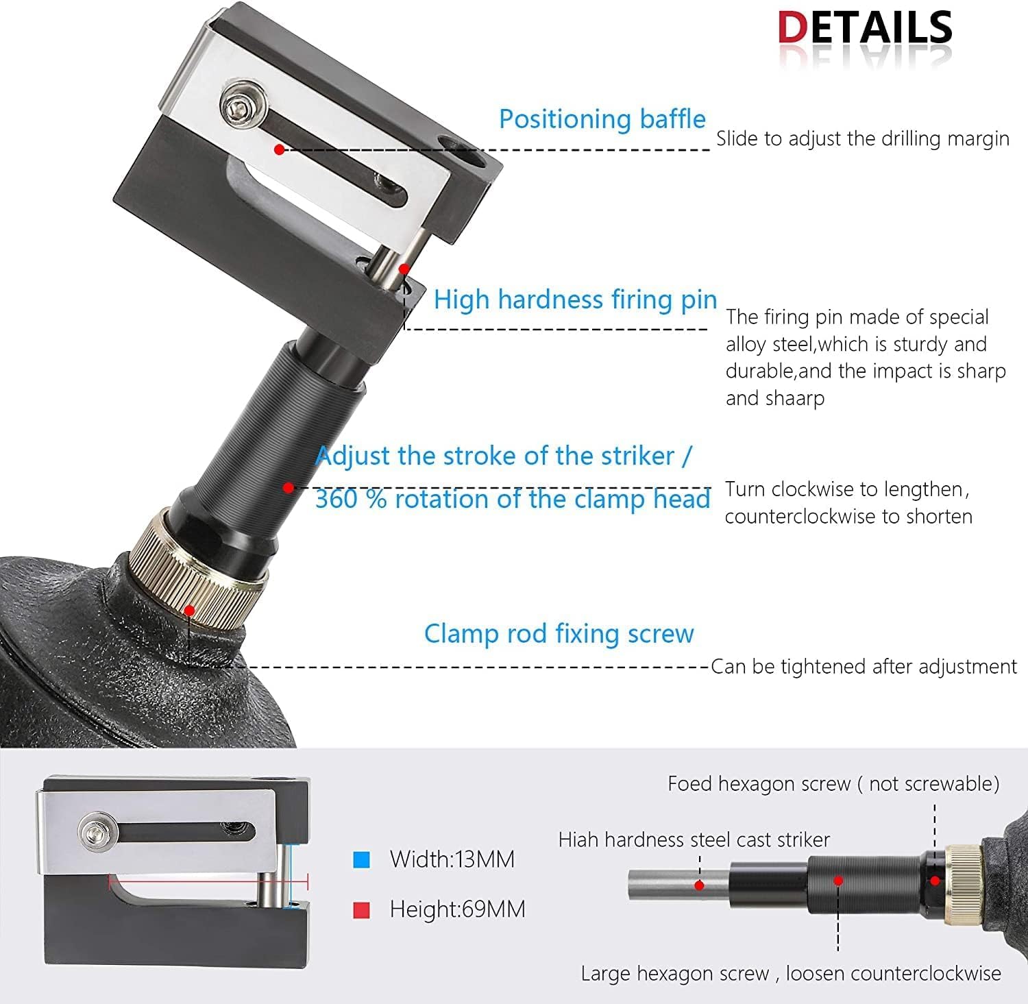 Perforatore Aria Da 10 Mm, Perforatore Pneumatico, Testa Della Pinza Rotazione Di 360°, Intervallo Di Pressione 6-8(KGF/CM*2), Margini Regolabili, Per Porte E Finestre, Fabbrica, Ufficio E Casa