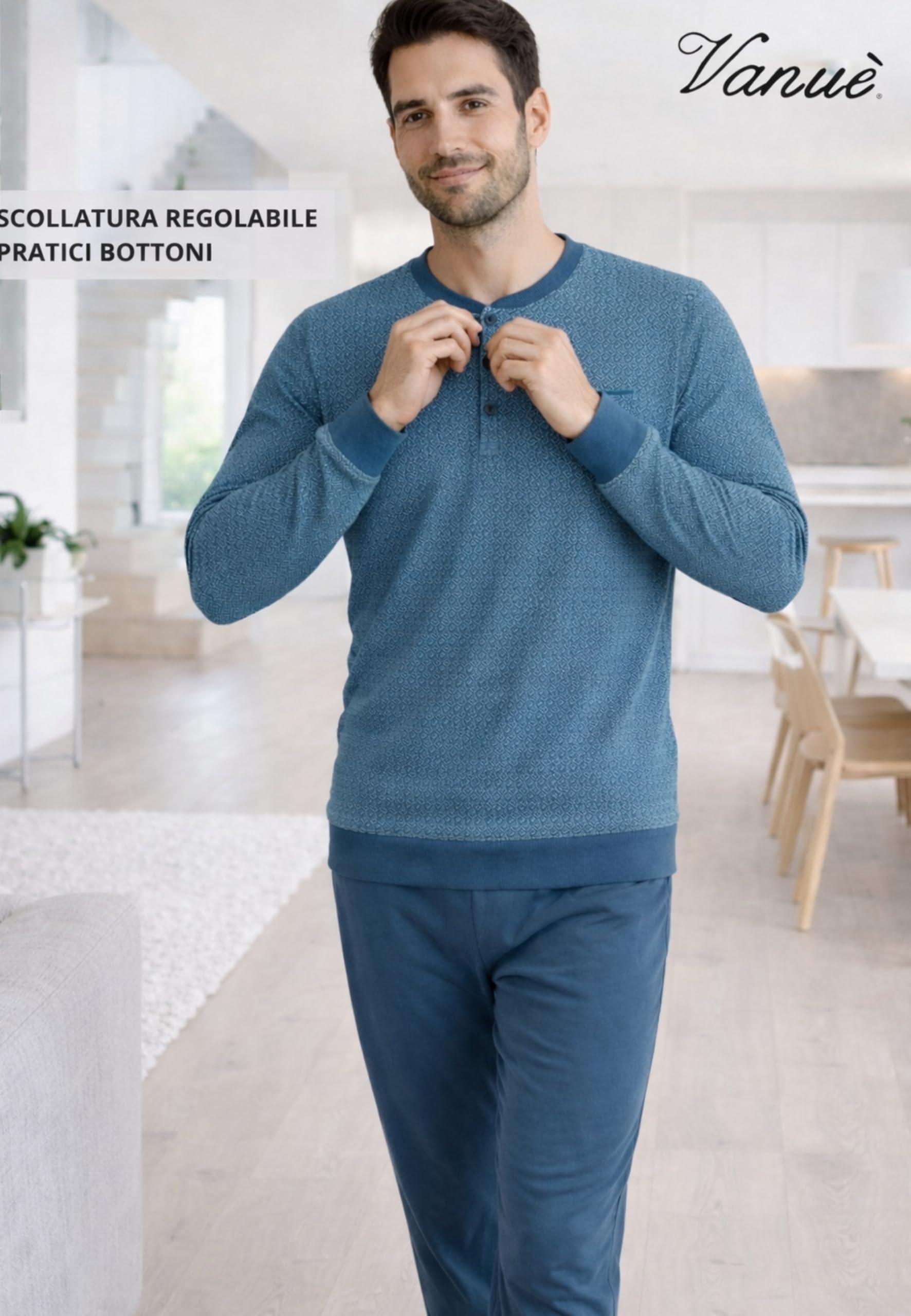 Intimitaly Vanuè - Pigiama Uomo Cotone Lungo 100%, Maglia Maniche Lunghe e Pantalone, Leggero e Traspirante, Primavera Estate - 3