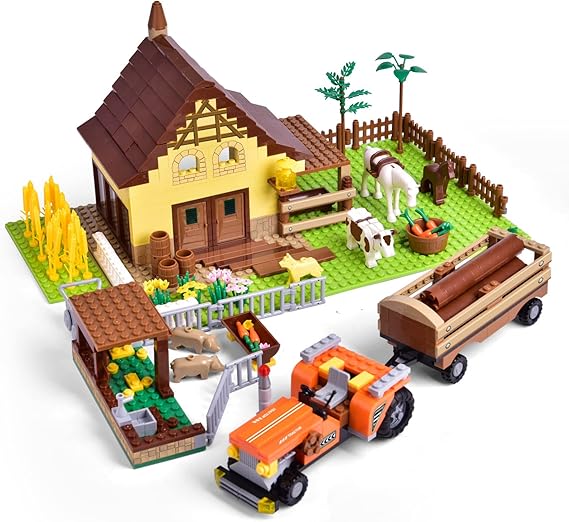 Amazon.co.jp FUN LITTLE TOYS ファームビルディングブロックセット トラクター 植物 動物 ファームハウス