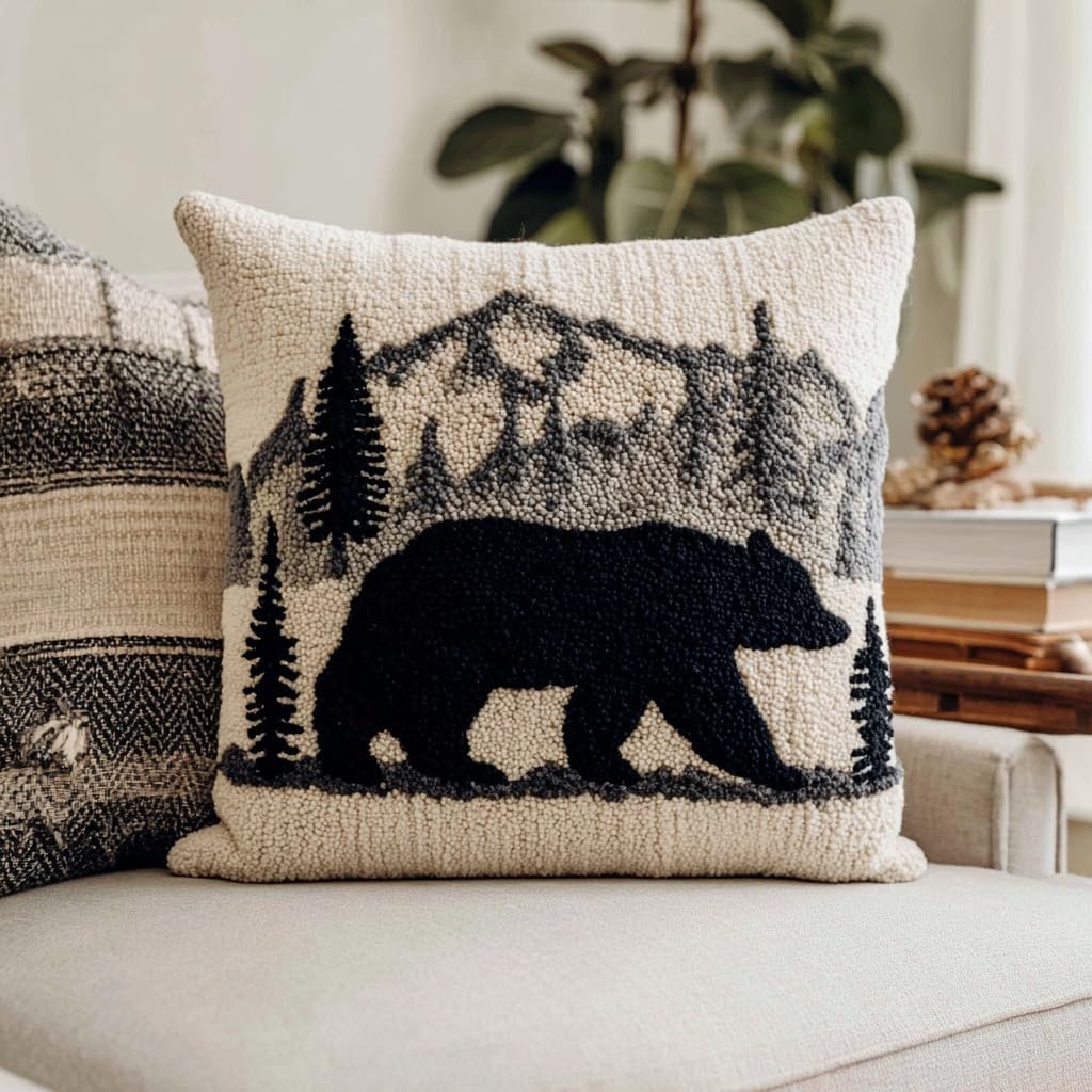 Latch Hook Pillow Kit Black Bear and Mountains with Pre-Printed Pillow Cover DIY Pillowcase Crochet Yarn Hooking Craft Set for Hobby and Home Decor 43x43cm-10