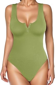 Popilush Bodysuits for Women Tummy Control Henley Going Out Shirts Tops Button Down Green Body Suits Sleeveless Thong Tank Top