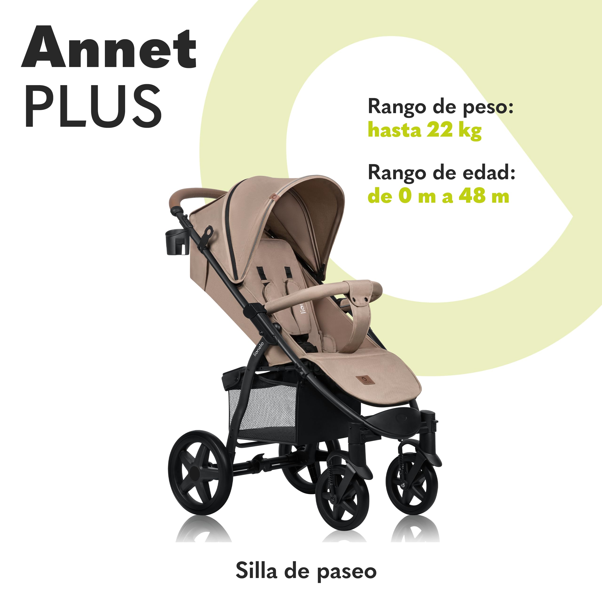 LIONELO Annet Silla de Pase Para niños hasta 22 kg 0-48M ajuste del respaldo hasta posición horizontal Capucha XXL Plegable fácil con ventana Mosquitera (Beige)