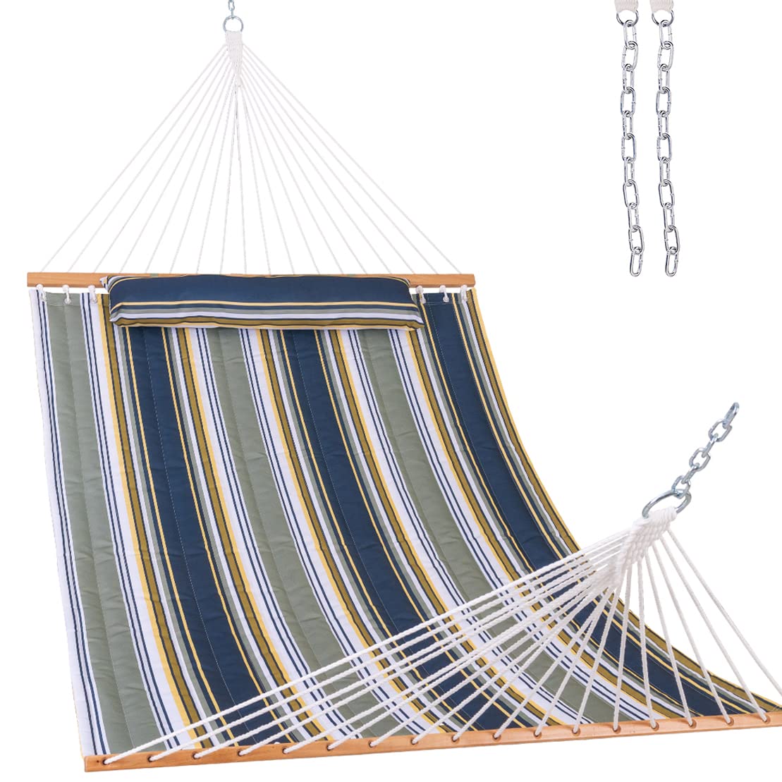 Lazy Daze 12 FT Quilted Fabric Hammock with Spreader Bar, 2-Person Double Hammock for Outside Patio Poolside Backyard Beach, 450 lbs Capacity, Forest