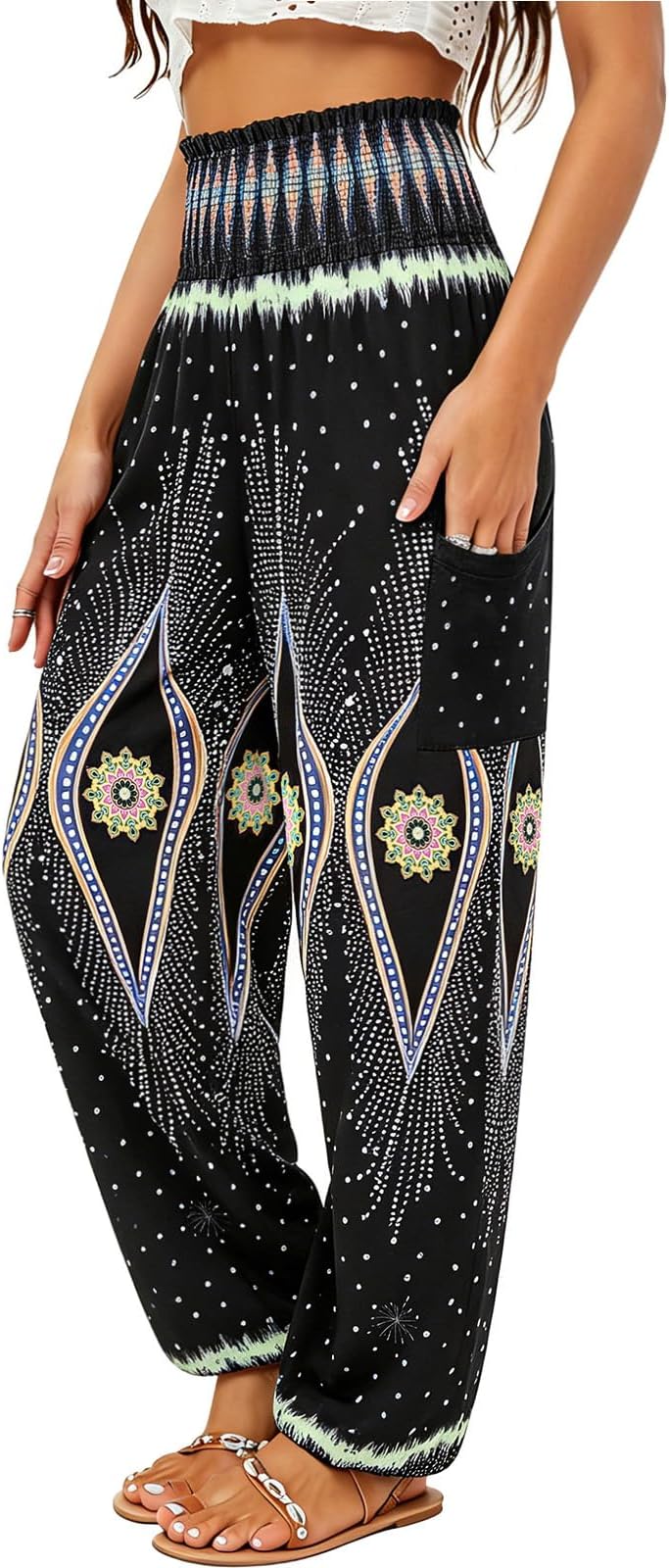 Women's Harem Pants, High Waist Yoga Boho Trousers with Pockets