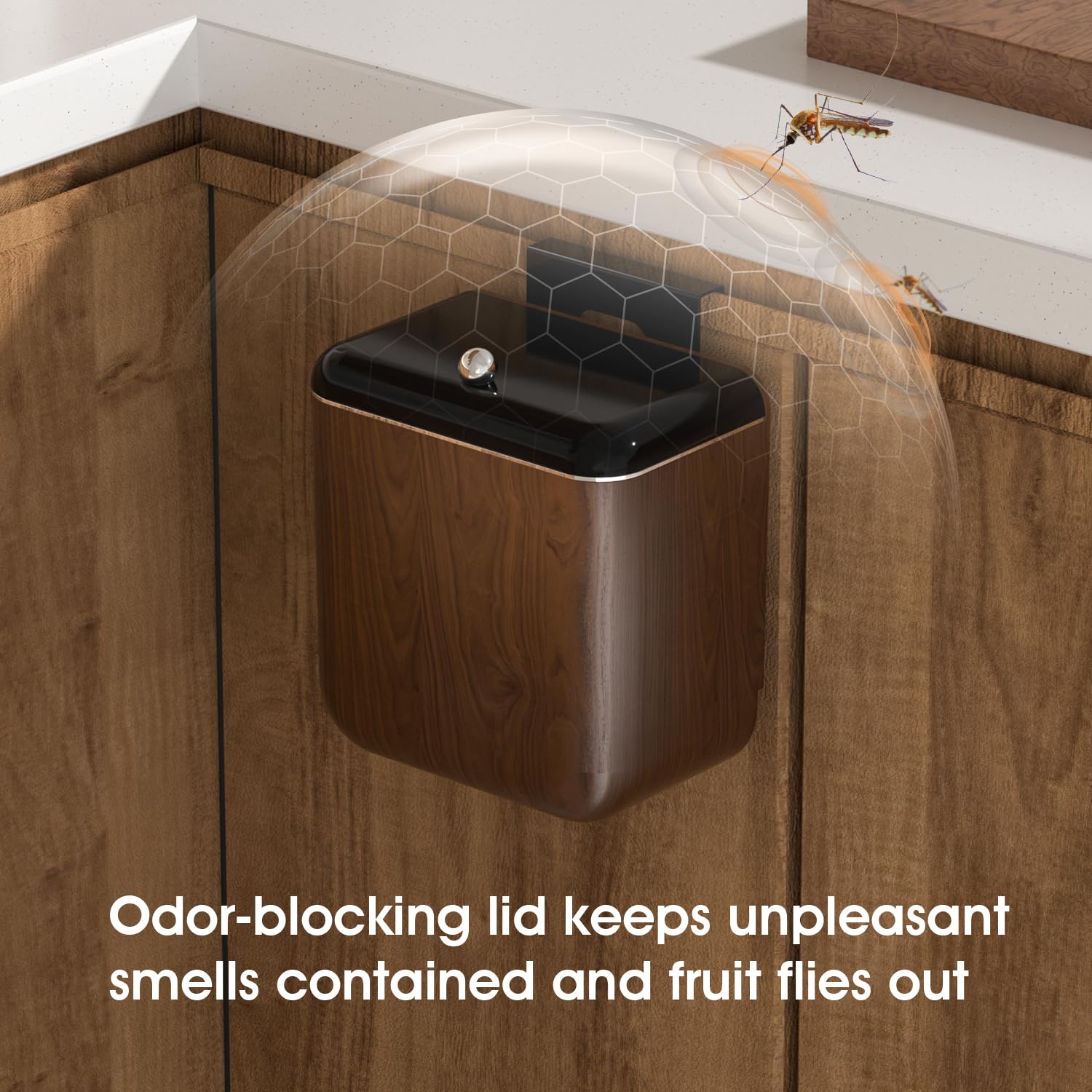 Large 3.2 Gallon Compost Bin, Under Sink Trash Can with Lid, Hanging Waste Cabinet for Office Kitchen Cupboard Bathroom Bedroom, Walnut Color