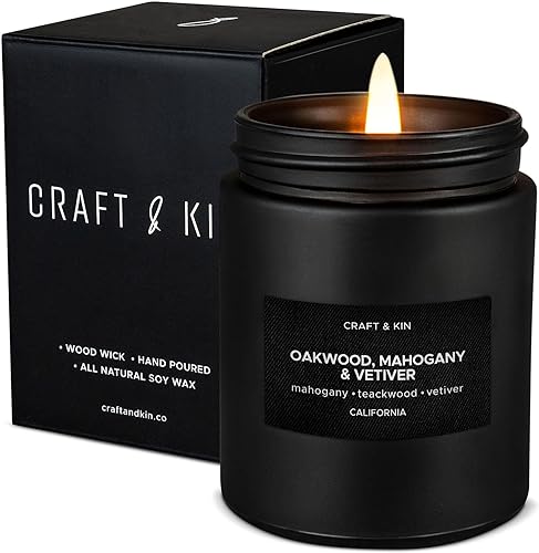 Craft & Kin Premium Oakwood, Mahogany & Vetiver Candle | Black Christmas Scented Candles for Men | Long Lasting with 45 Hour Burn Time, 7.6oz | Soy Holiday Candles | Aromatherapy at Home - Oakwood, Mahogany & Vetiver - Black Jar - 7.6oz