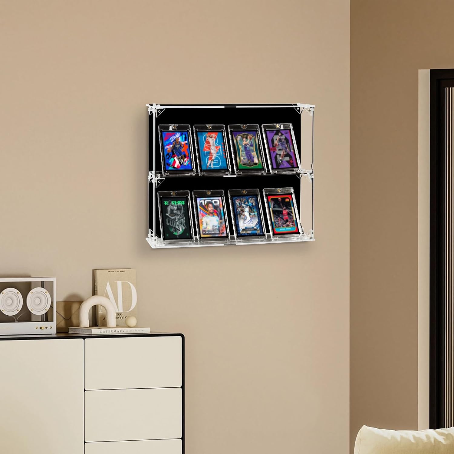Baseball Card Display Case, Acrylic 8 Graded Sports Card Display Frame with Clear View, 2-Tier Trading Card Wall Display with Magnetic Door, Wall Cabinet for Football Basketball Hockey Trading Card