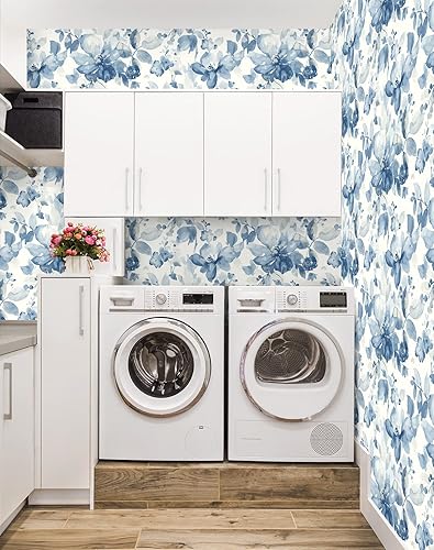 Miniatura 5 de NextWall Papel tapiz de flores de acuarela para despegar y pegar piedra azul