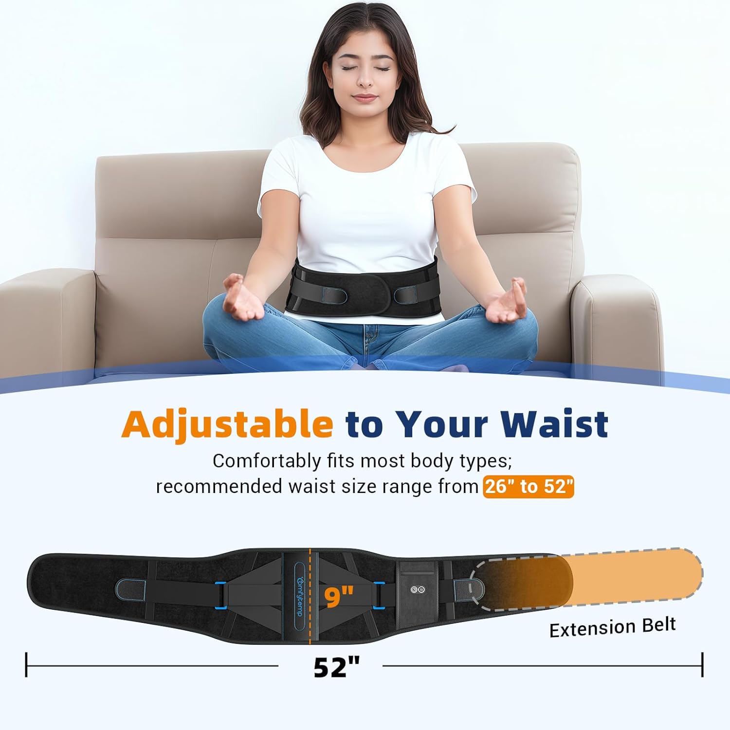 Image showing the heating pad with an extension belt, indicating adjustable waist size from 26 to 52 inches.