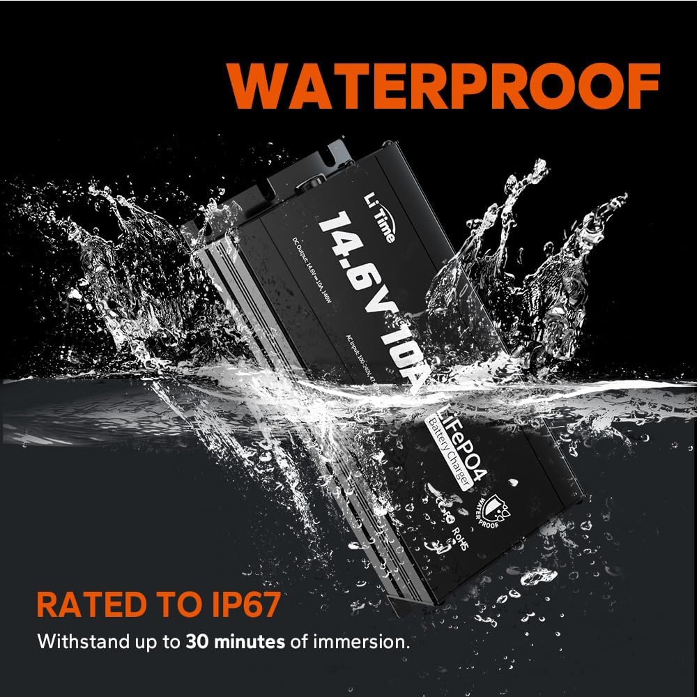 LiTime IP65 Waterproof 14.6V 10A LiFePO4 Onboard Charger, Fast Charging, 4 Safety Protections, Better Charging Performance, Extend Lithium Batteries Life, with LED Indicator, Outdoor & Marine Use