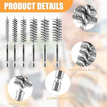 6Pieces Wire Brush Drill Bore Cleaning Brushes Set | with 1/4 Inch Hex Shank Stainless Steel Wire Twisted Brush for Rust, Cleaning Tubes (8/10/12/15/17/19MM)