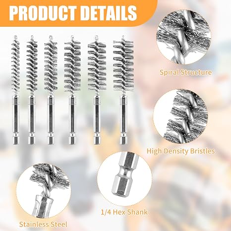 6Pieces Wire Brush Drill Bore Cleaning Brushes Set | with 1/4 Inch Hex Shank Stainless Steel Wire Twisted Brush for Rust, Cleaning Tubes (8/10/12/15/17/19MM)