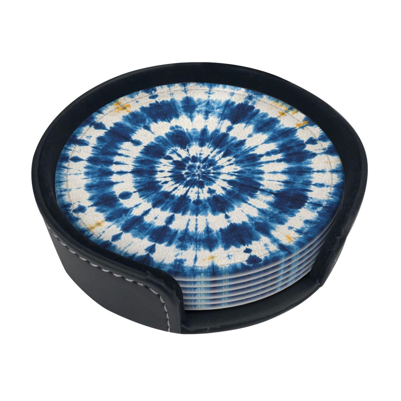 Indigo Tie Dye Leather Coasters-Set of 6 with Storage Holder