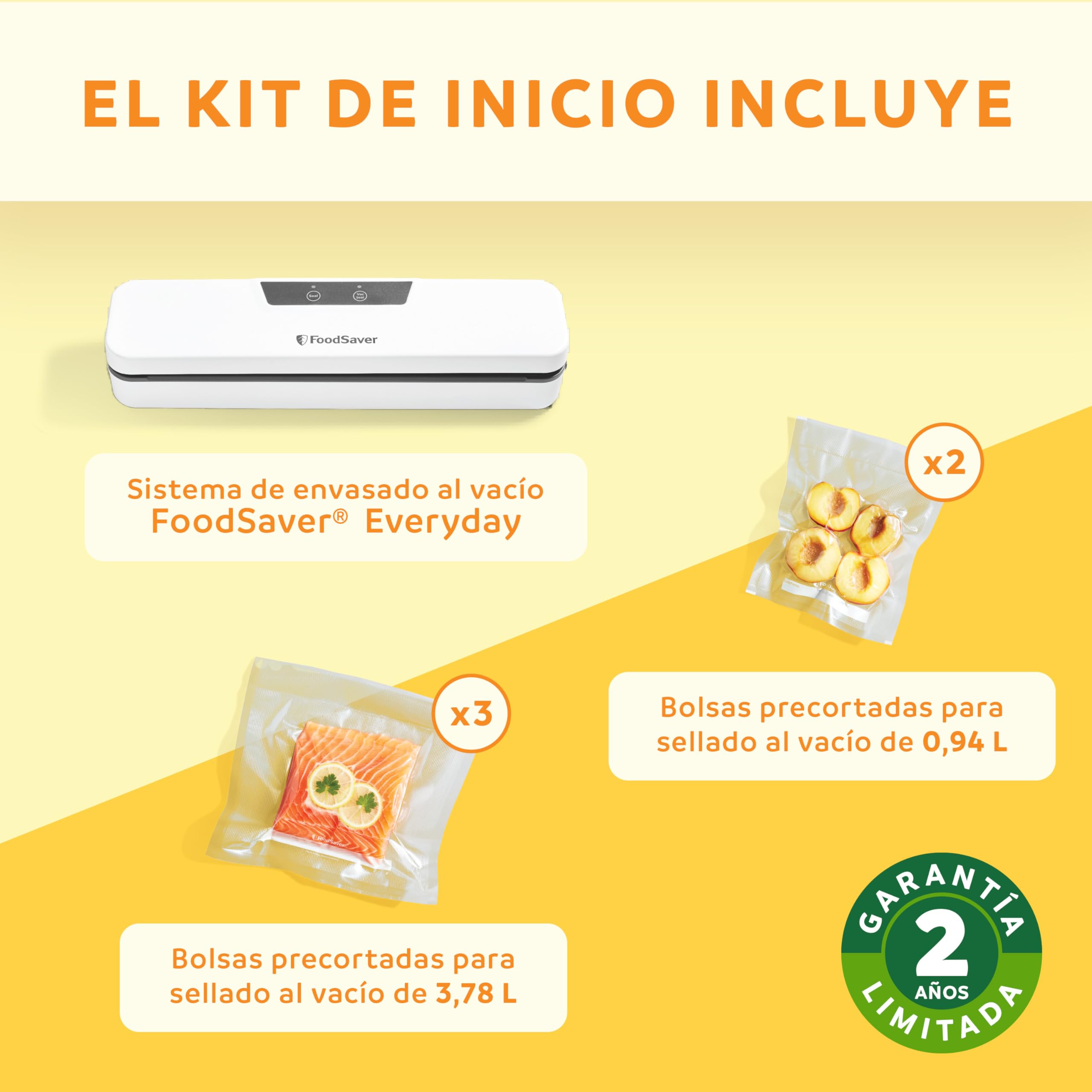 FoodSaver Everyday envasadora al vacío | Mantiene los alimentos frescos hasta 5X más tiempo | Maquina de envasar al vacio con diseño compacto | Con 5 bolsas para envasar al vacío (0,94 l y 3,78 l)