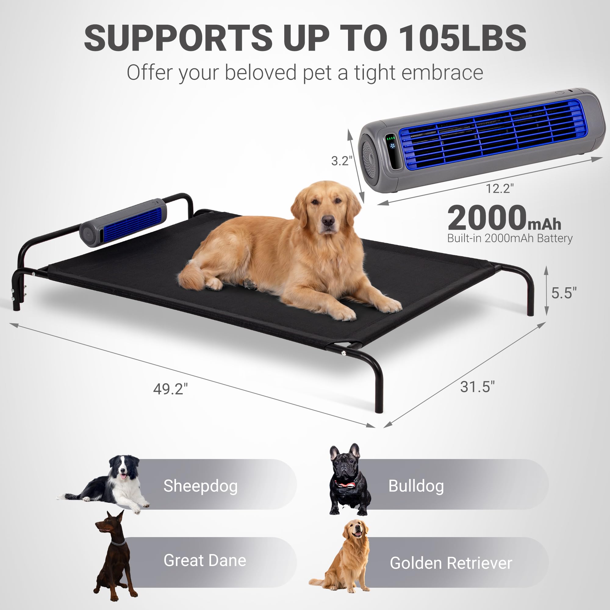 Tailwaggz Elevated Outdoor Dog Bed with Fan - Cooling Dog Bed for Large Dogs, Waterproof Cot Easy to Assemble, 3 Wind Speed, Raised Dog Bed with Washable Mesh Cover, Durable, Non Slip, Up to 85 lbs - image 5