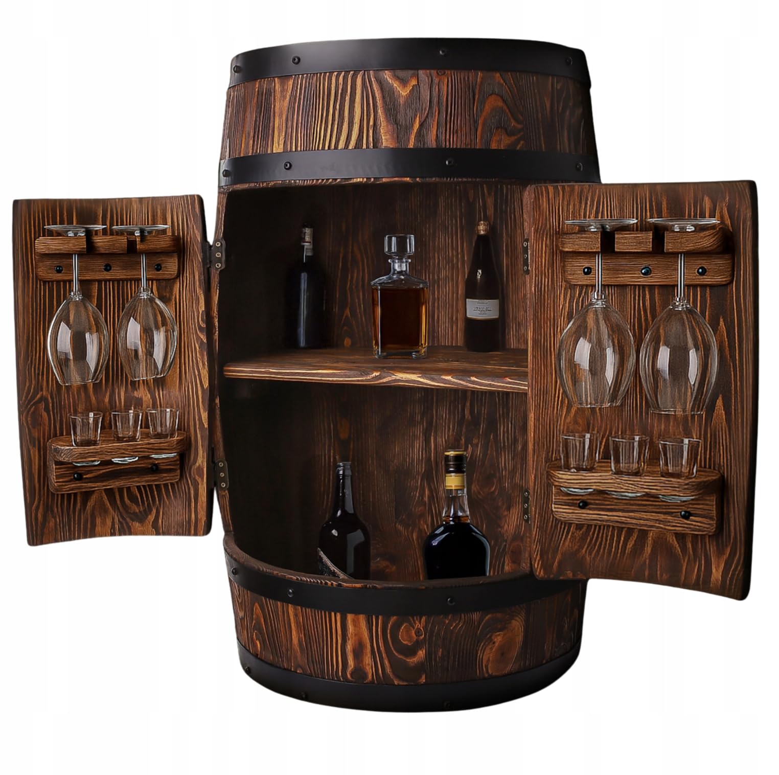 Holzbar Fass 80x55 cm | Massivholz Barschrank für Whisky, Wein und Spirituosen | Hausbar mit Glashaltern | Handgefertigt in Europa | Bar Möbel im Vintage, Loft und Landhausstil