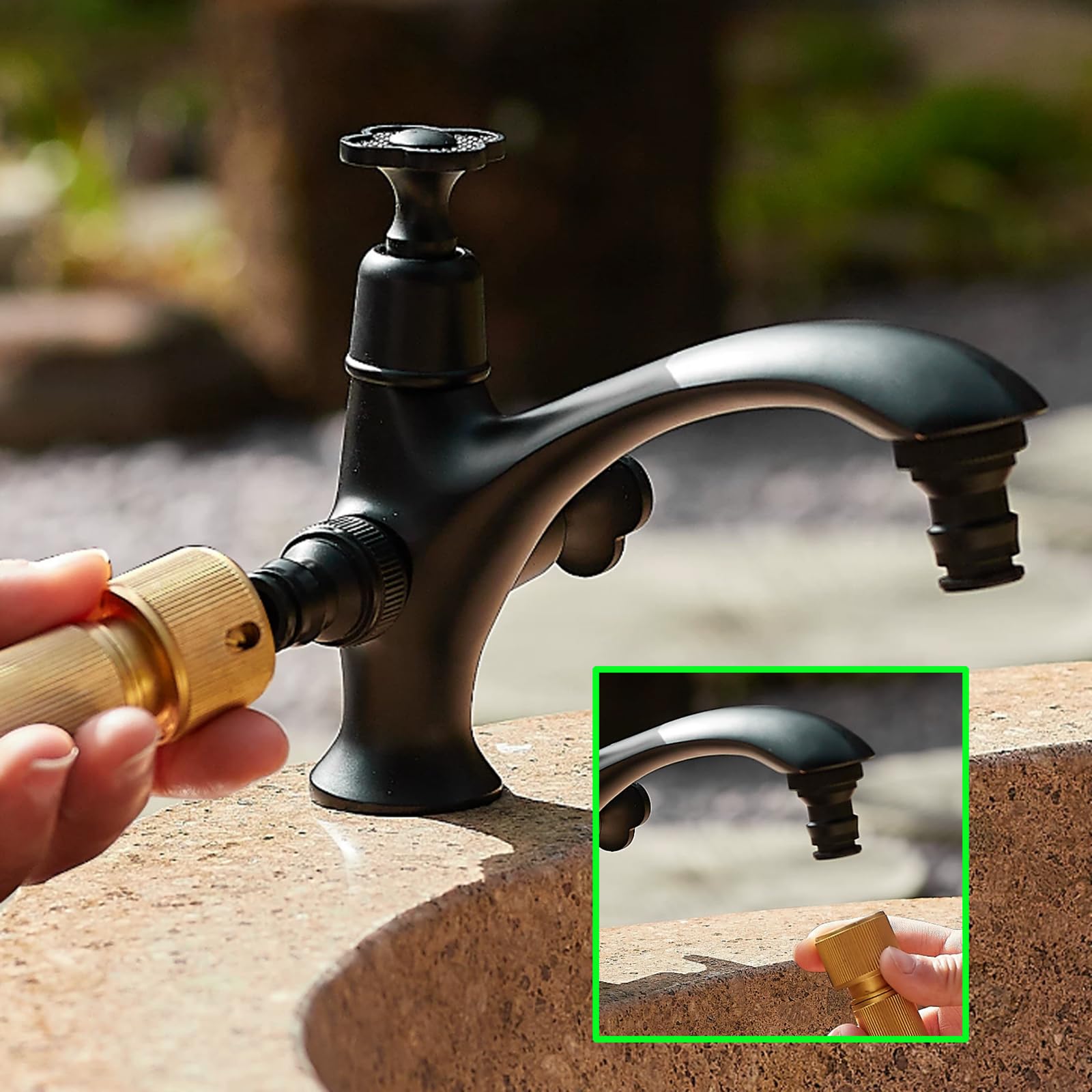 Grifo De Jardin Laton Giratorio De 360° Grifo Lavadora Doble Salida Solo Agua Fría Apto para Exterior O Baño,Negro