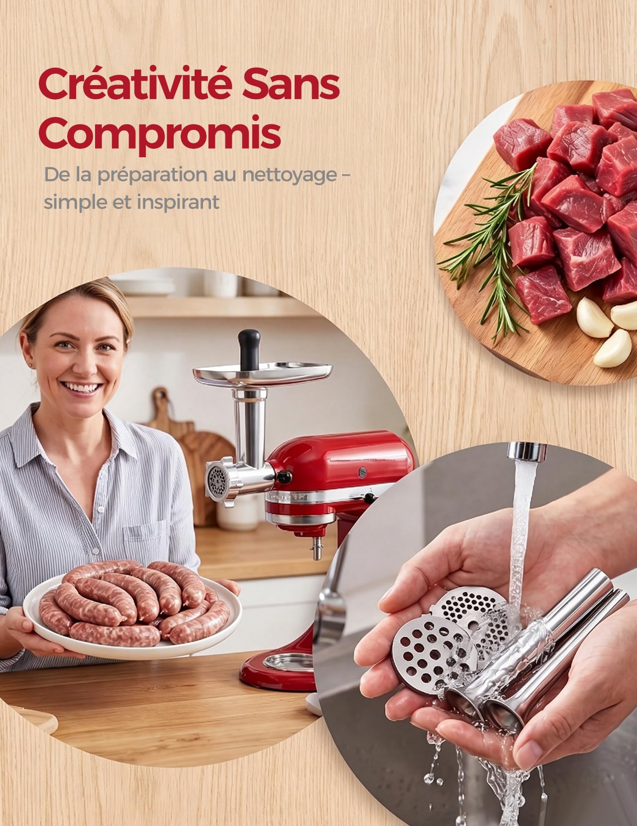 Accessoire Hachoir à Viande pour Robot Ménager KitchenAid | Comprend un Poussoir à Saucisse, une Brosse de Nettoyage, Acier Inoxydable un Ensemble Trancheur-râpe pour KitchenAid