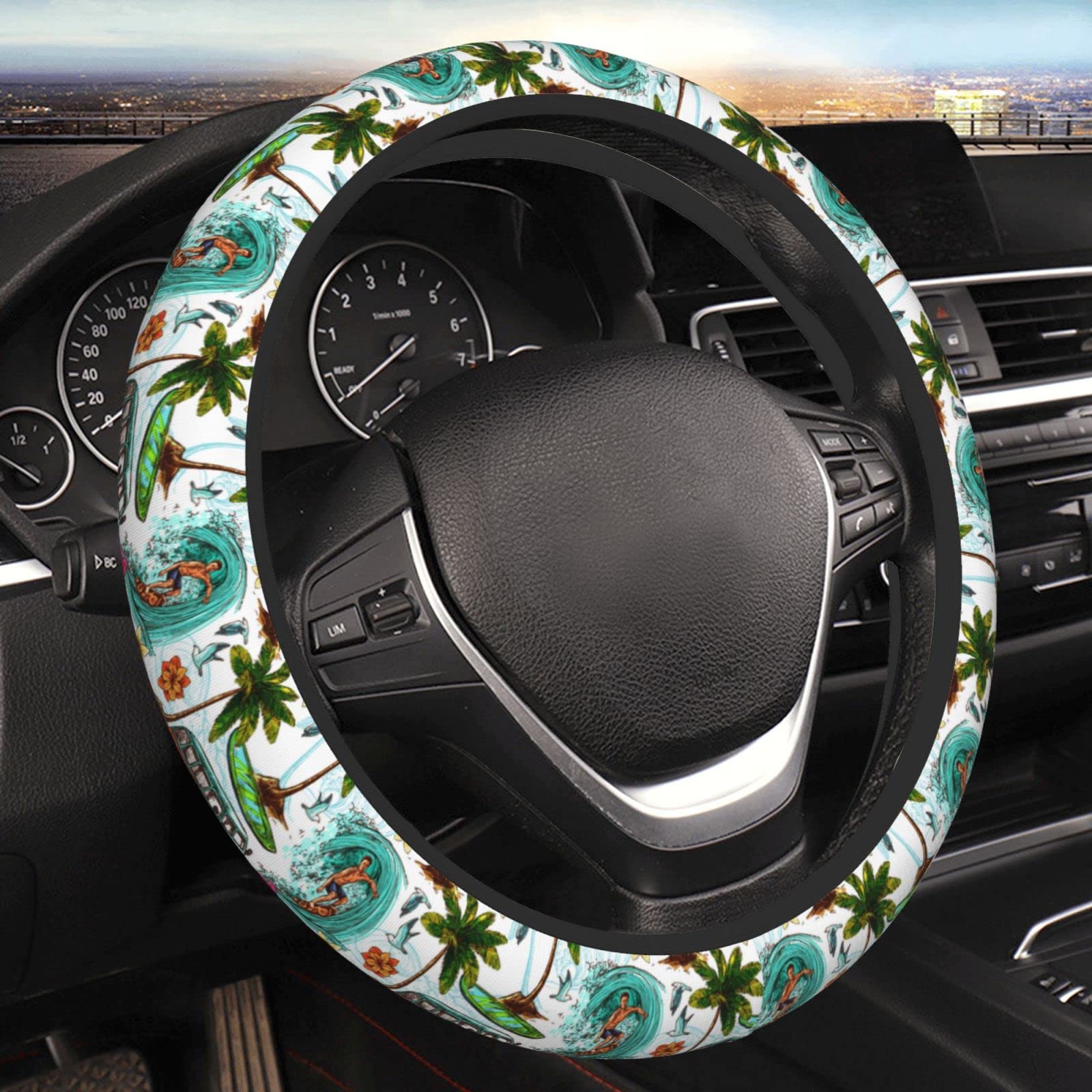 Hawaiian Surfer Palm Trees Flowers Elastic Stretch Steering Wheel Cover Universal 15 Inch, Fashionable Anti-Slip Steering Wheel Covers, Breathable, Easy Carry