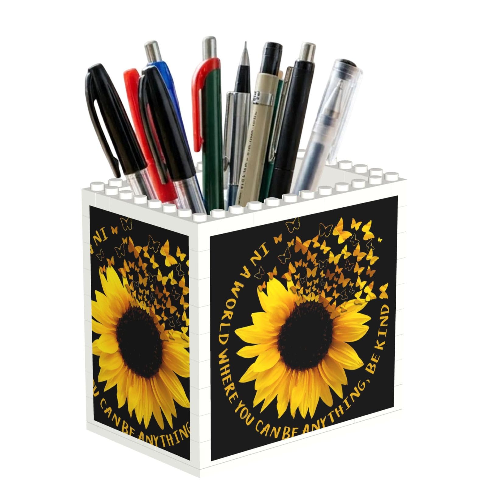 SATUSA Butterfly And Sunflower Print Building Block Texture Pen Holder - Pencil Holder For Desk Pen Organizer,Aesthetic Desk Accessories For Women(1pcs)