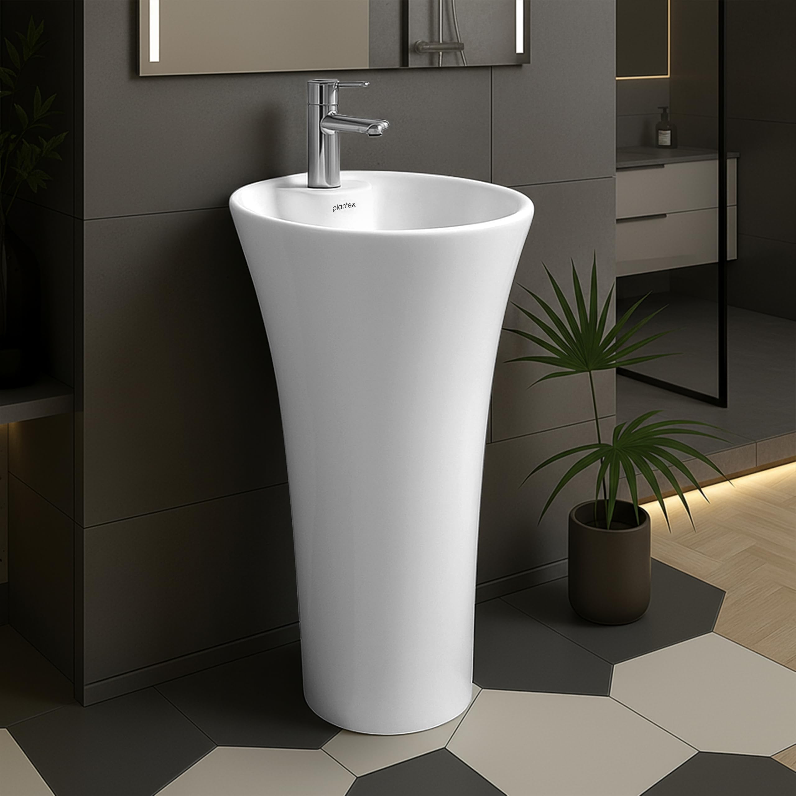Plantex Round Pedestal Basin for Bathroom/Ceramic One Piece Pedestal Free Standing Wash Basin for Home/Hotel (White-15x15x31.5 inch)