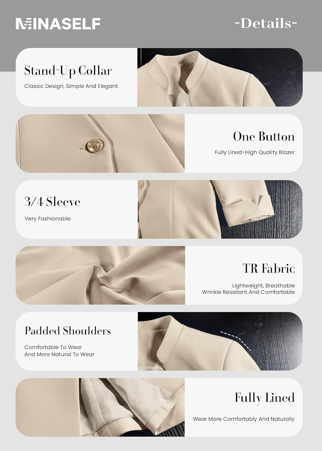 Mina Self 2025 Women's Summer 3/4 Sleeve Blazer Jacket Lightweight Fully-Lined Slim Stand Collar Casual Petite Work Suits - Image 7