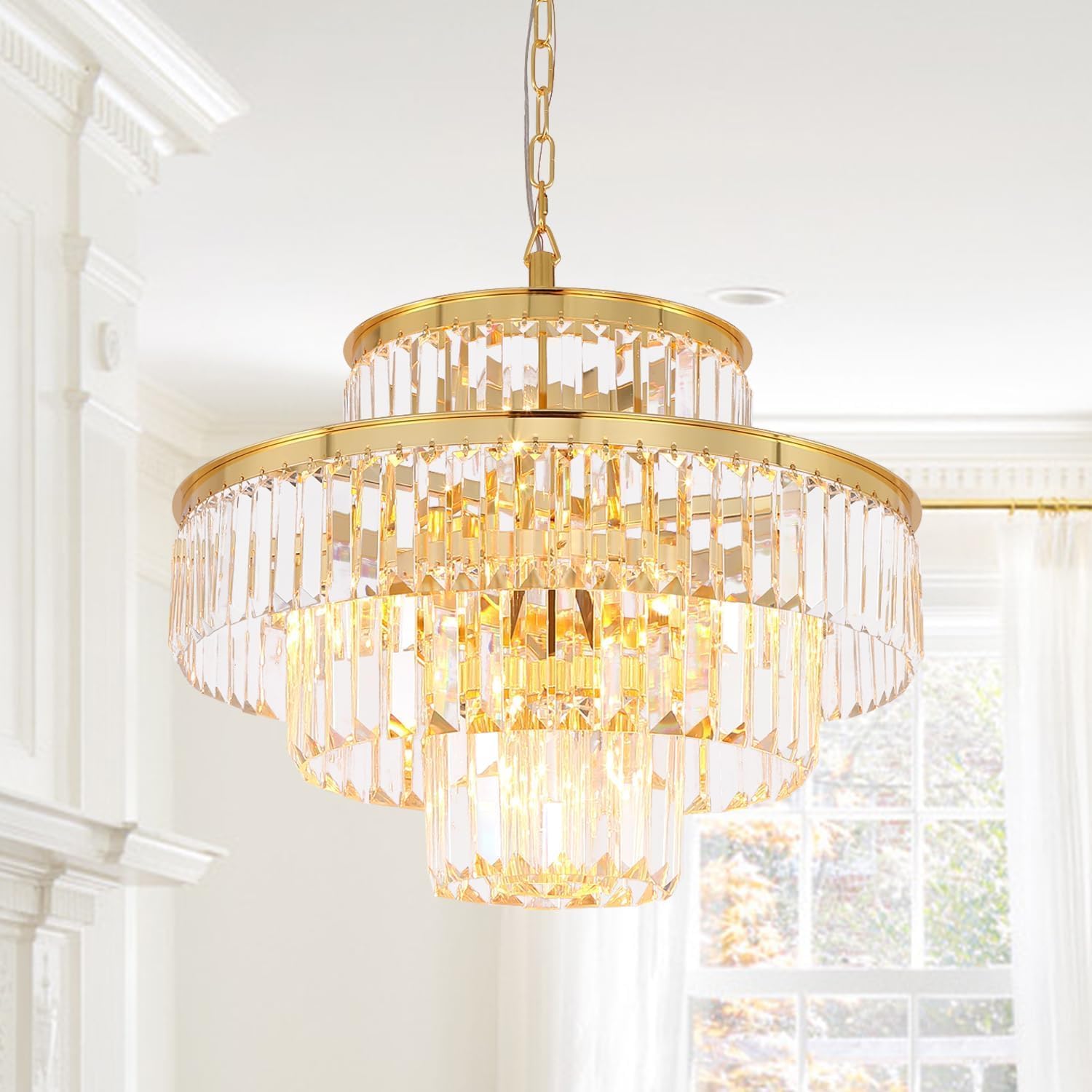 Modern Crystal Chandelier Light Pendant Ceiling Lamp 4-Tier Chandeliers Lighting Fixture for Dining Living Room Foyer Hallway 6-Lights Gold (Dia 20 Inch)