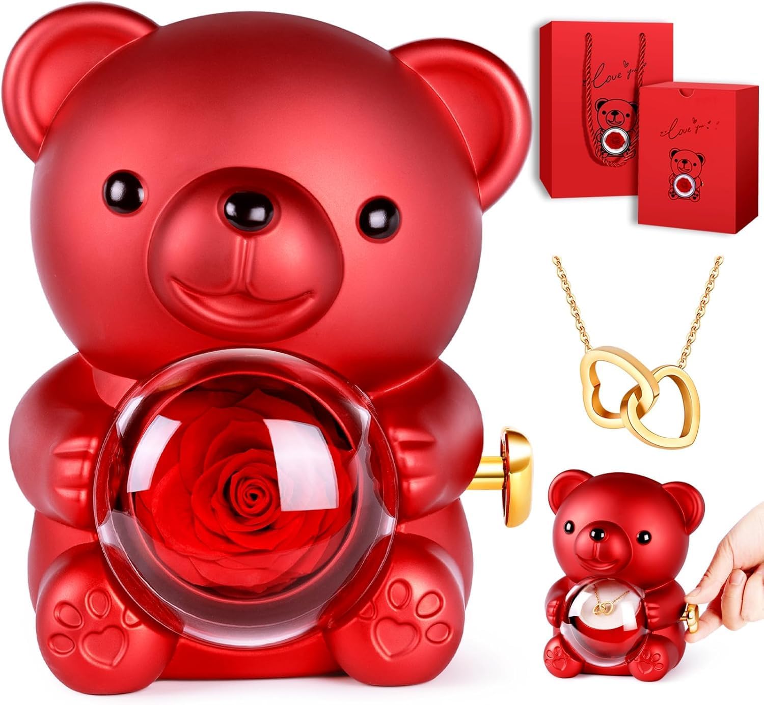 Dwiza Enterprise Teddy Bear with Forever Rose, Ring & Pendant Gift Box | Natural Handpicked Preserved Rose | Romantic Gift for Her | Gift for Valentine’s Day, Birthday, Anniversary (Red)-image-32