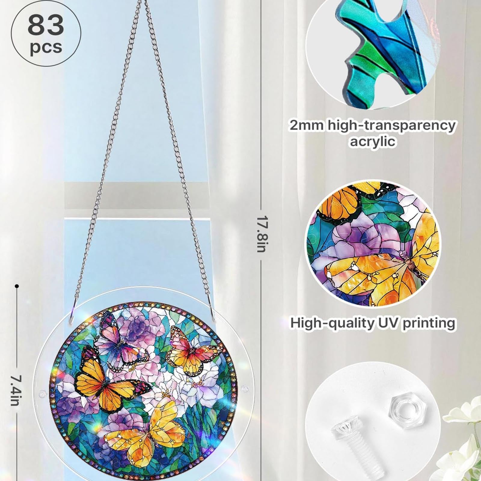 Acrylic Puzzles Suncatcher Window Hanging, 83 Pieces Stained Glass Sun Catcher Puzzle Decoration for Home Garden, Birthday Gifts for Mom Women Adults (Butterfly) - 3