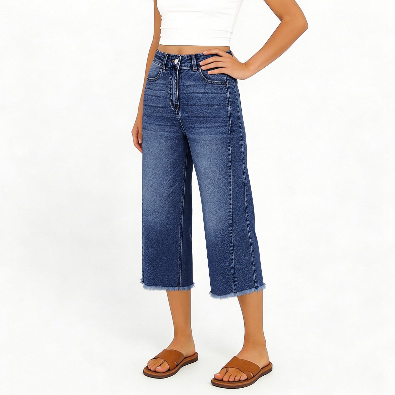 Jeanshose Damen Caprihose Denim Culotte Hose Hohe Taille Mit Fransen Saum