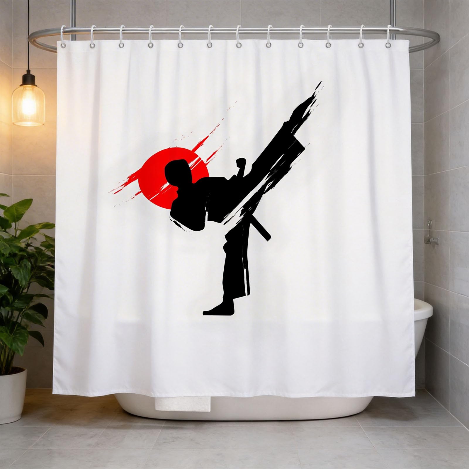 Hongduo White 3D Karate Silhouette Shower Curtain For Stalls Bathtubs Japanese Style Bathroom Decor Shower Curtain Set Polyester Fabric Waterproof 180X180cm/71X71 Inch With Hooks