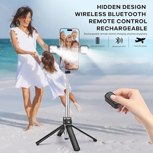 Miniatura 5 de MQOUNY Barra selfie, trípode extensible de aleación de aluminio con anillo de rotación de 360, trípode de viaje con obturador remoto inalámbrico