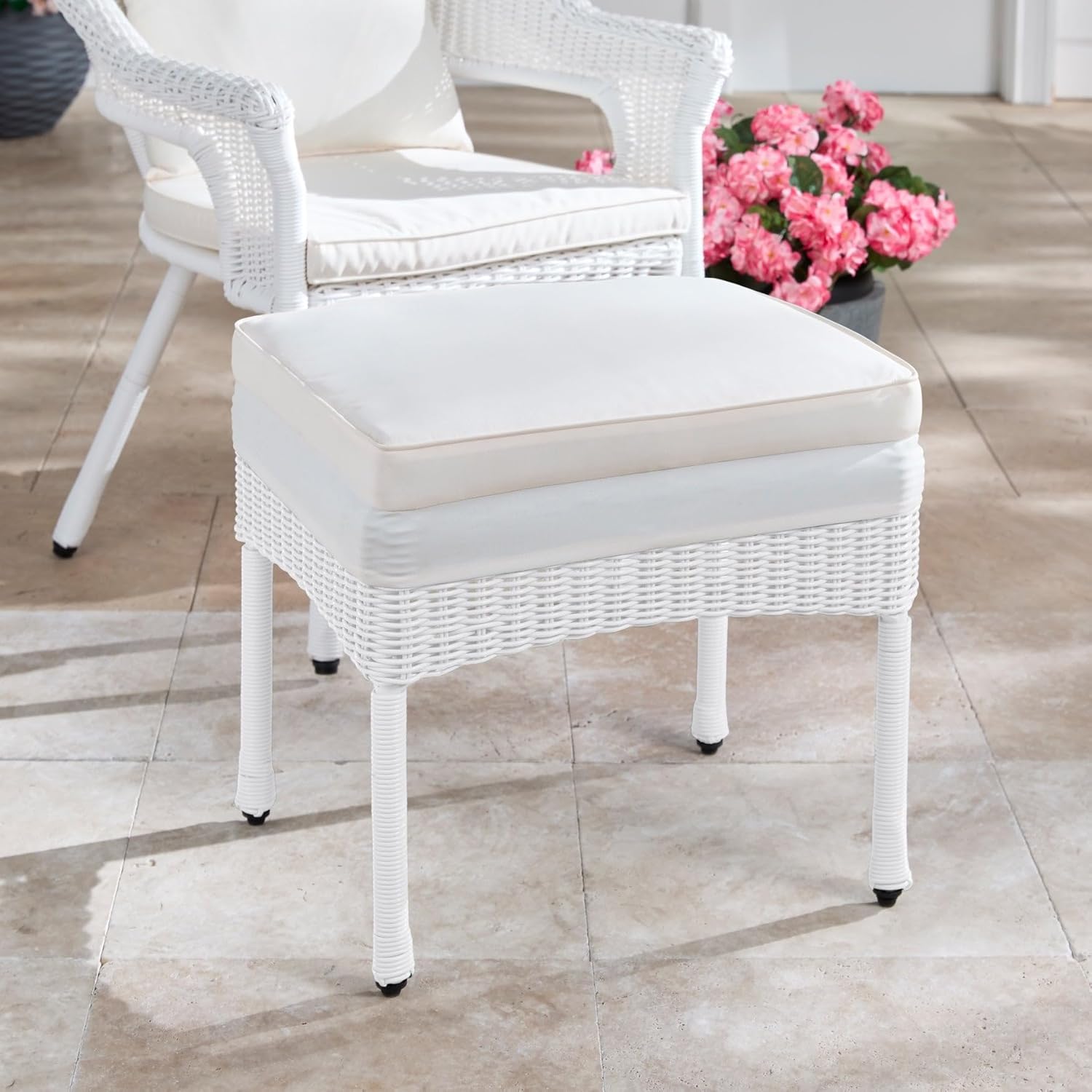 BrylaneHome Outdoor Roma All Weather Resin Wicker Patio Ottoman with Cushion Footrest Stool Yard No Assembly Required - White