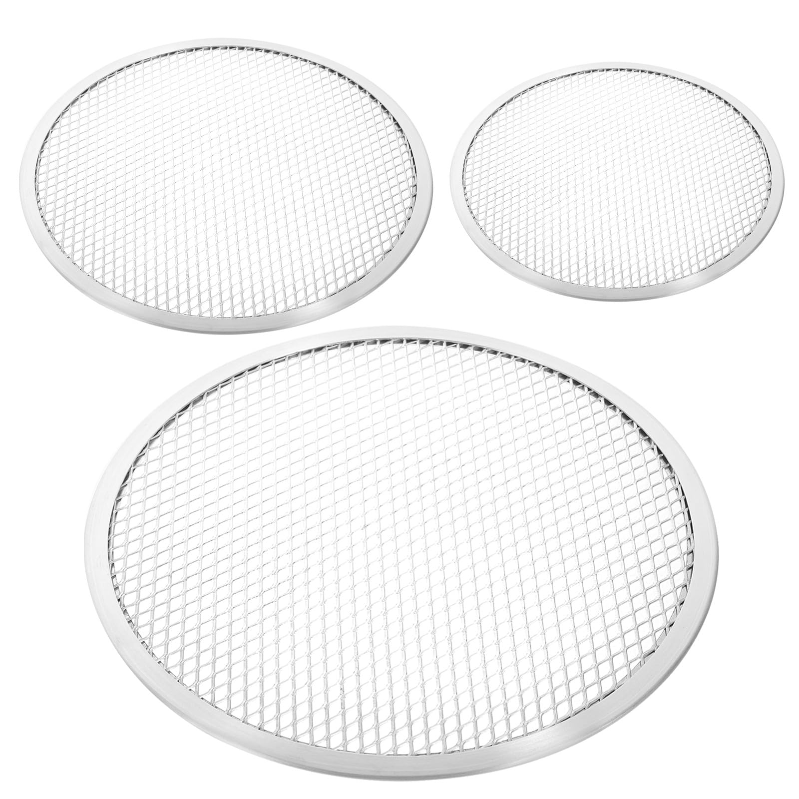 Abaodam Set de 3 Moldes para Pizza de Aluminio Reforzado (10, 12 y 14), Mallas para Hornear Pizza Aptas para Horno y Microondas, Utensilios Livianos para Cocina y Repostería Doméstica