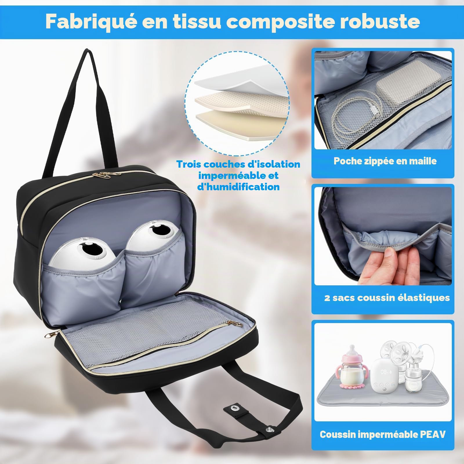 Sac Isotherme Tire Lait 29x21.5x14cm pour Tire-Lait Maternel avec Sac à Glace et Tapis étanche Sac Portable Tire Lait pour Tire-Lait et Accessoires