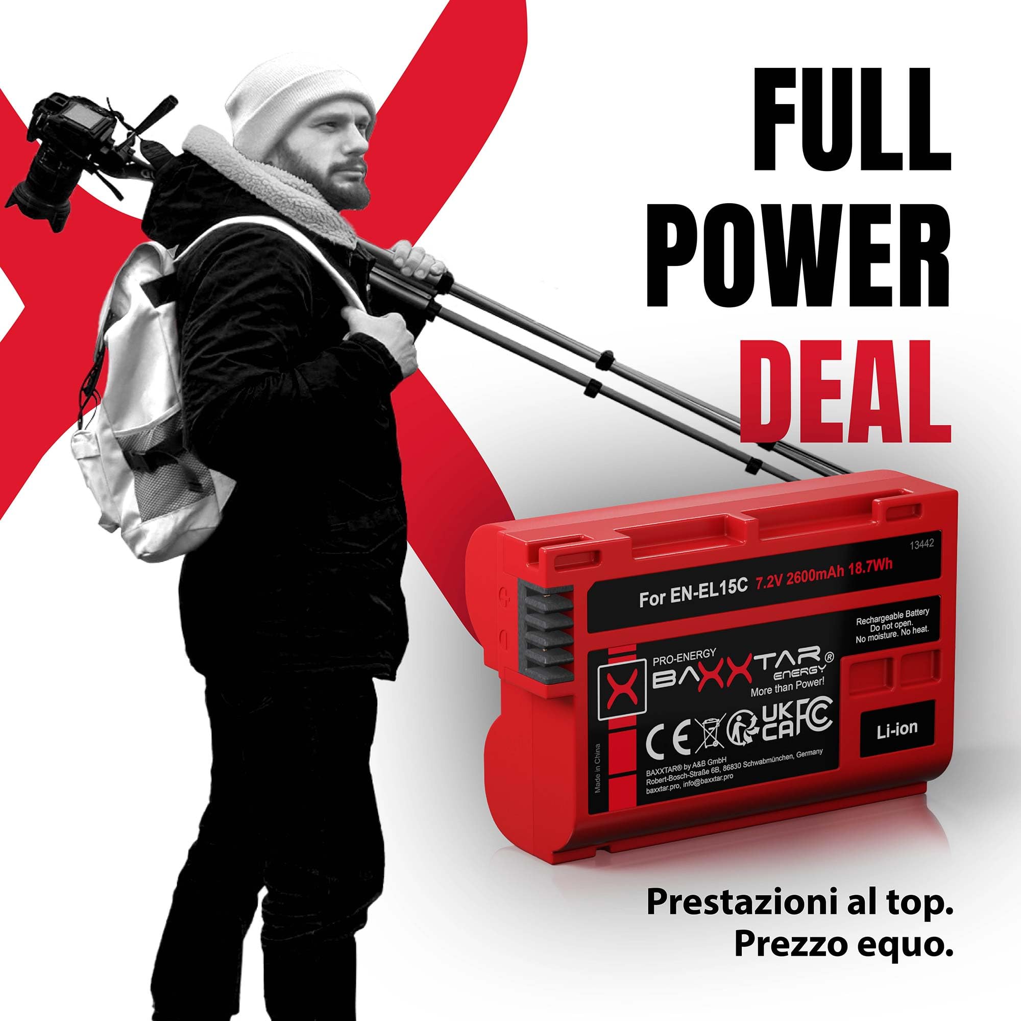 Baxxtar EN-EL15c Batteria 2600mAh compatibile con Nikon Z5 Z6 II Z7 II Z8 D500 D600 D610 D750 D780 D800 D810 D850 D7000 D7100 D7200 D7500 EN-EL15b ENEL15 EN EL15