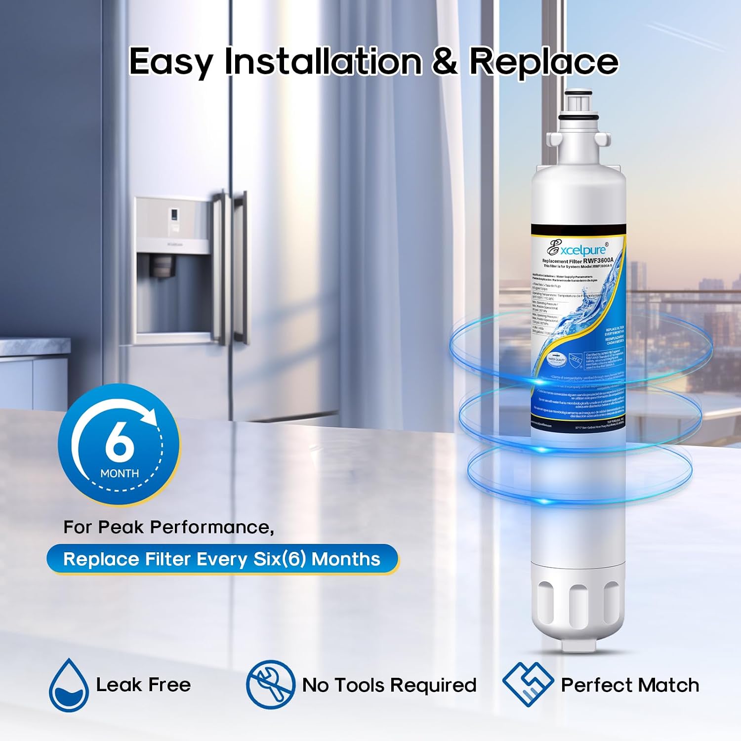 EXCELPURE RPWF Replacement for GE RPWF (Not RPWFE), RWF1063, RWF3600A, WSG-4, DWF-36, R-3600, MPF15350, OPFG3-RF300, BCF77, Refrigerator Water Filter, 4PACK