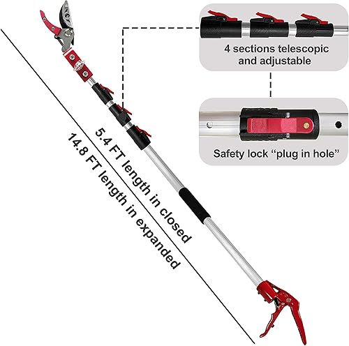 Miniatura 2 de Podadora de árboles extensible de 5.4 a 14.8 pies, 4 secciones, cortadoras telescópicas de corte y sujeción, sierras de poste, tijeras de podar de
