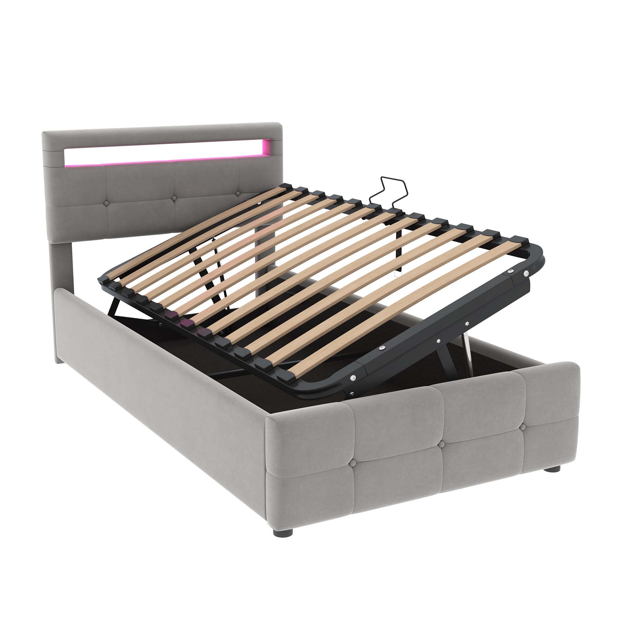 Gegtuon Letto Imbottito 90x200 cm con Illuminazione LED per Bambini, Letto Singolo con Idraulico Contenitore e Testata, Struttura Letto con Rete a Doghe per Ragazzi, senza Materasso, Velluto (Grigio)