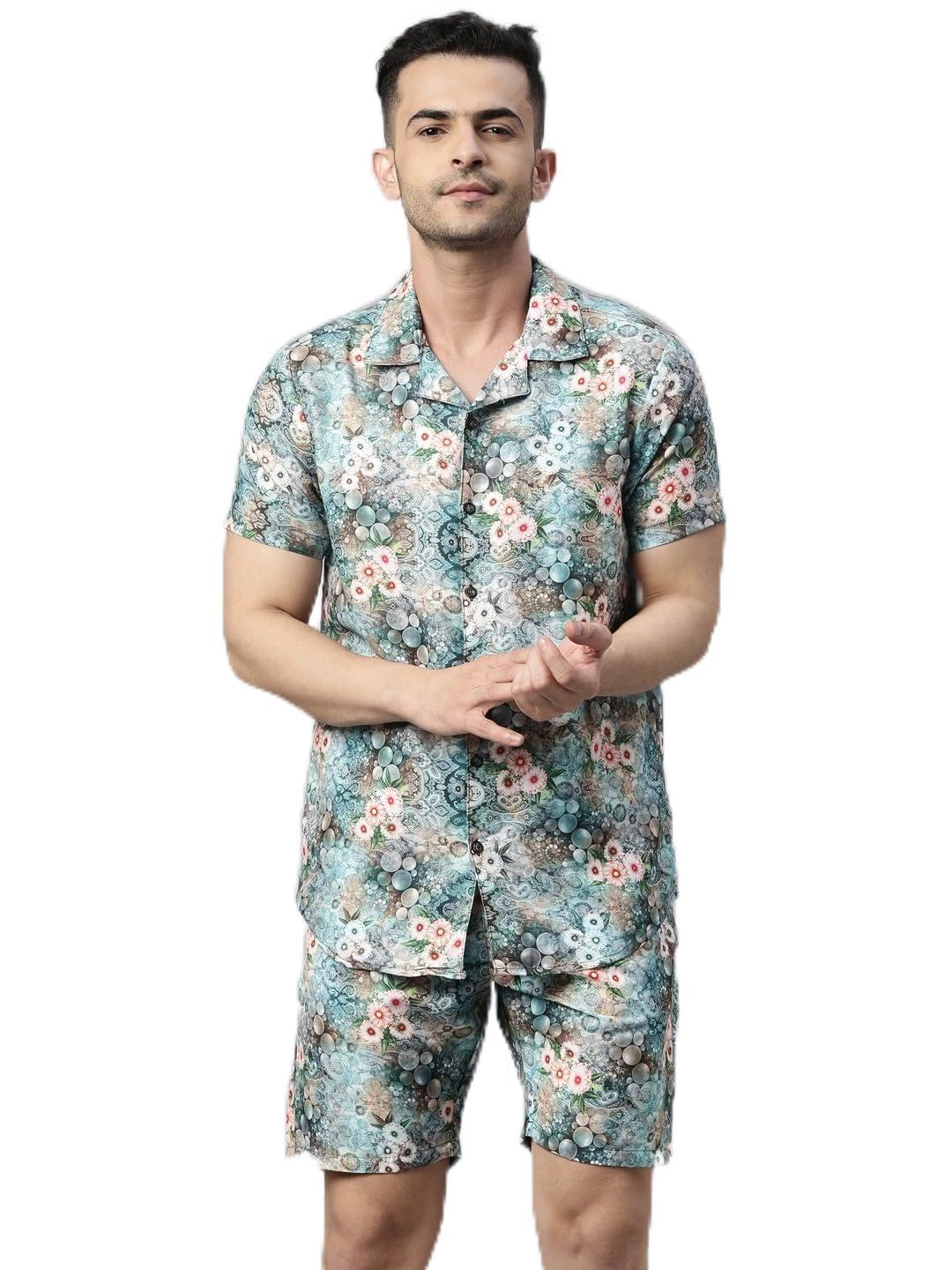 bushirt Men's Floral Print Blue Color Pajama Set, Short Sleeves Button Front Night Suit, Relaxed Fit Co-Ords with Chinese Collar & Elastic Waist Pajamas, Stylish & Comfortable Sleepwear - S-picture-36