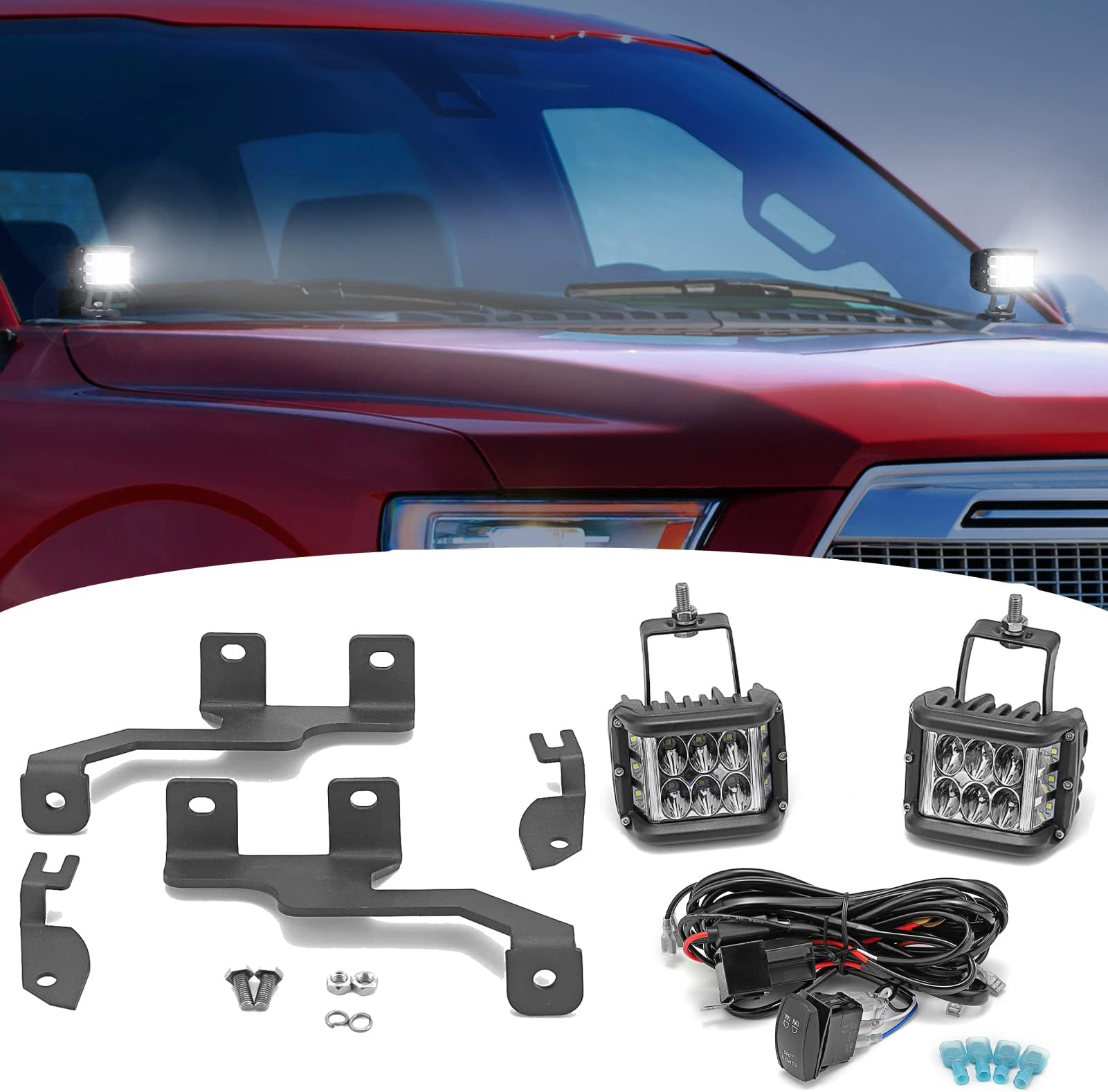 WeiSen60W LED Ditch Light Pods with Hood Light Bar Mount and Wiring Harness Off Road Driving Lights Compatible with 2004-2014 Ford F-150&2010-2014 SVT Raptor