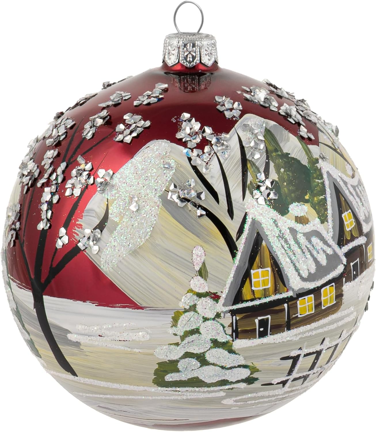 Burgundy Christmas Ornament Polish Blown Glass Ball Hand Painted Medium Bauble 5 inch/120mm Cottage Houses