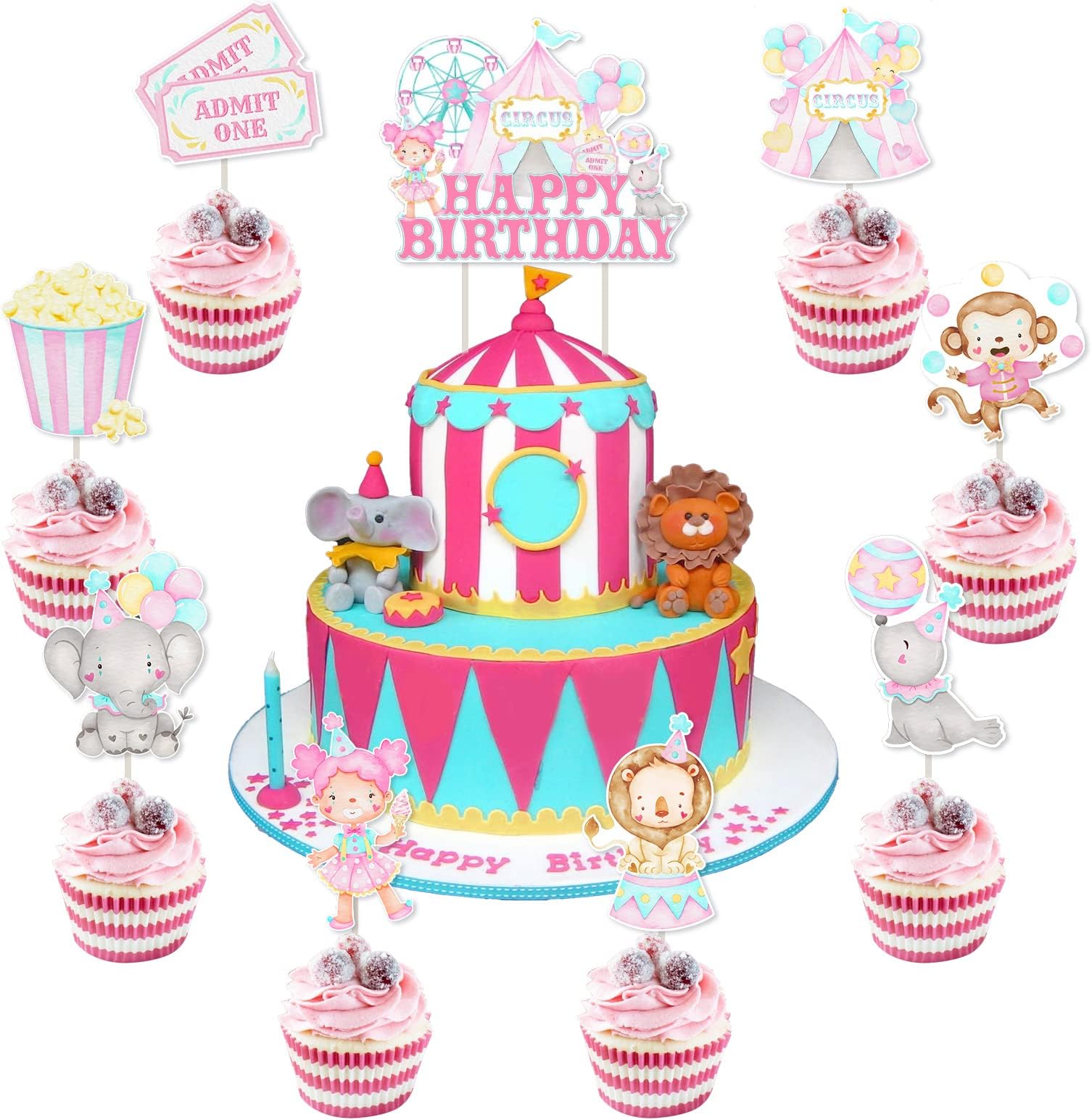 Circus Birthday Party Decorations Girl - Happy Birthday Cake Topper & Circus Animal Cupcake Toppers, Pink Pastel Carnival Circus Party Decorations for 1st 2nd 3rd 4th 5th Birthday, 25pcs