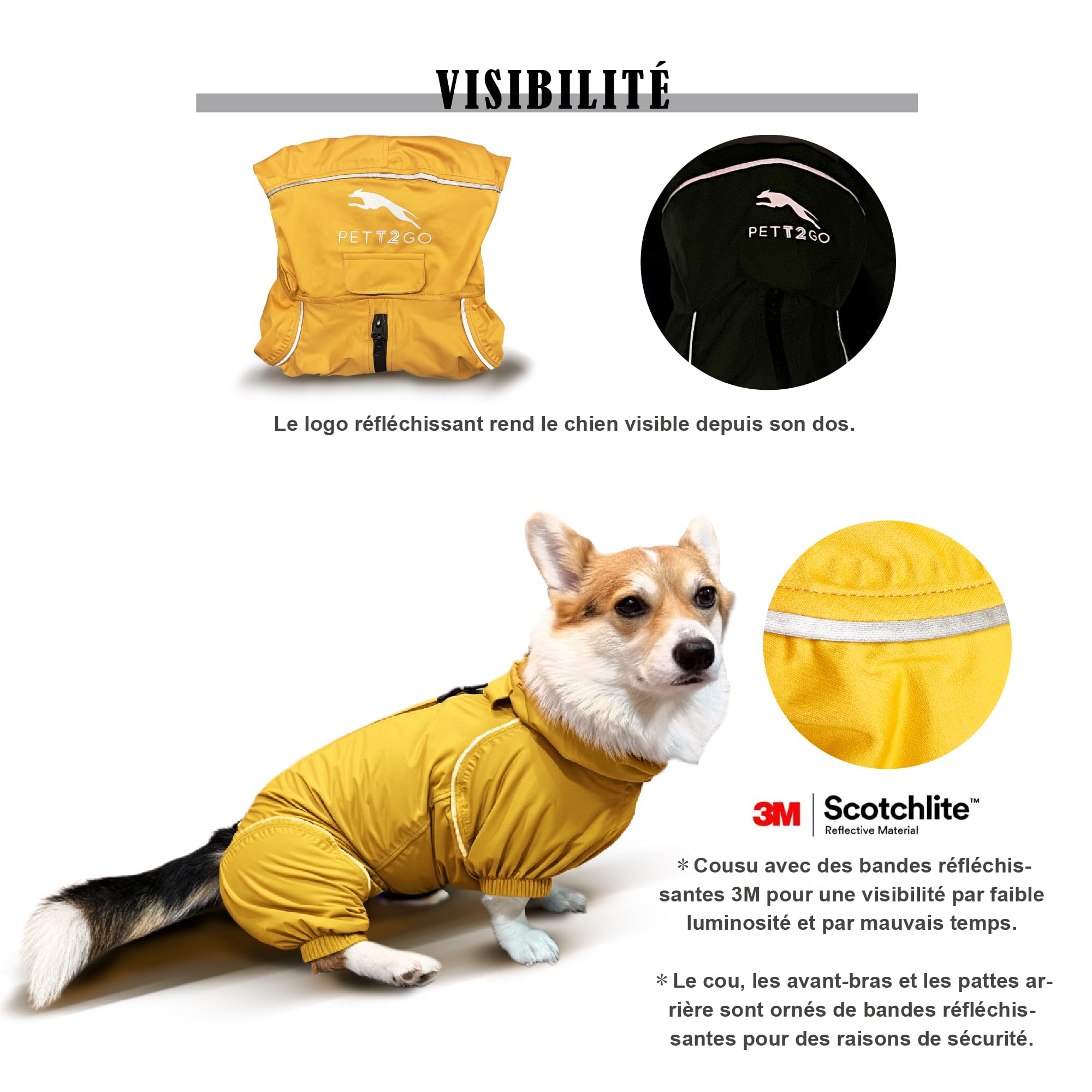 Manteau De Pluie Respirant pour Chien Corgi, Manteau avec Jambes, à Capuche, Passepoil Réfléchissant, Compactable - Aube dorée - S